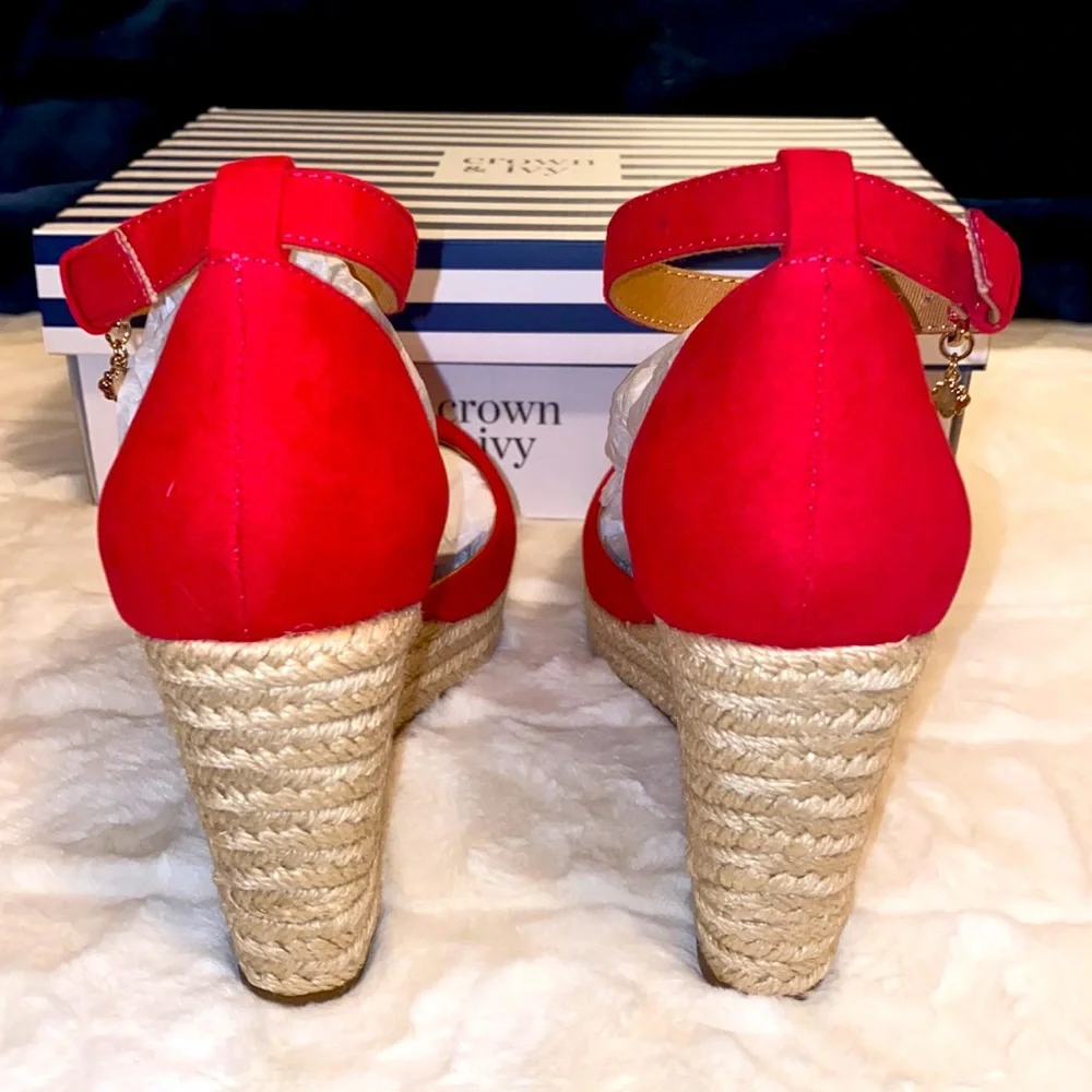 Crown & Ivy Espadrilles New in Box Sz 7.5 Espadrille Wedge Pink Red - Picture 5 of 14